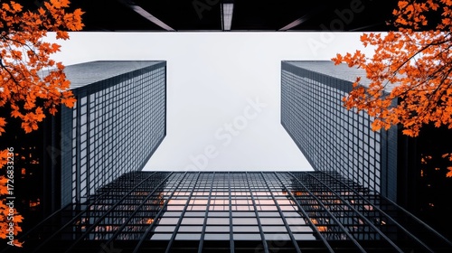 Bright orange and red maple leaves frame the view of tall skyscrapers, highlighting nature's beauty within the urban landscape as the clear sky provides a serene backdrop