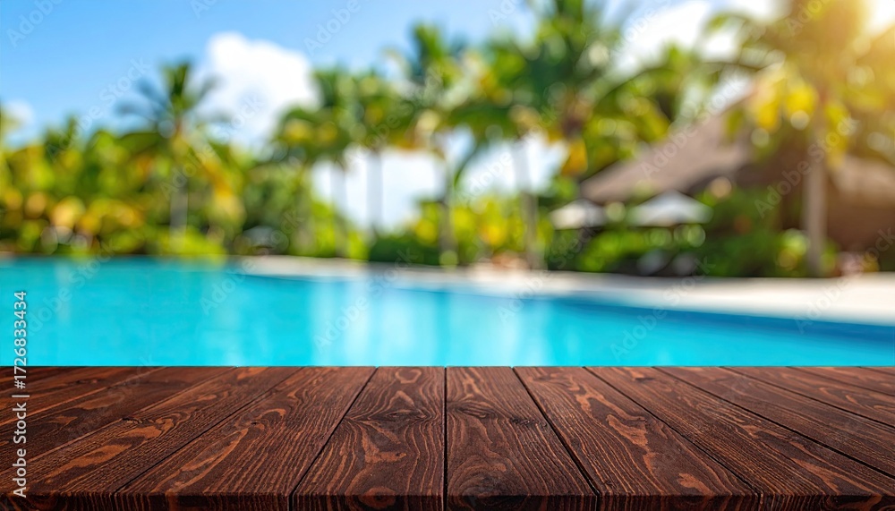Fototapeta premium Wooden tabletop over a tropical pool