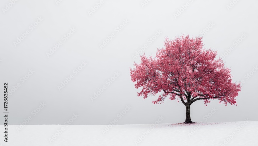 Fototapeta premium Solitary pink tree in a snowy landscape