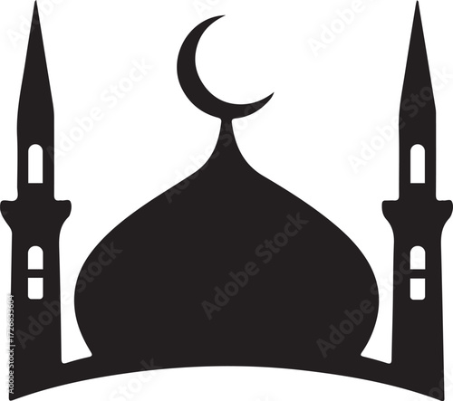 Mosque Silhouette Icon Vector Islamic Religion Symbol with Minarets and Crescent Star