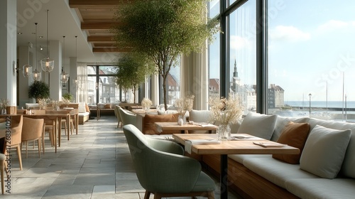 Elegant Restaurant Interior With Natural Lighting and Coastal View Beige Upholstery and Woven Accents Green Chairs and Polished Floor HDR