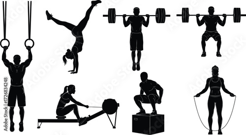 Athlete workout silhouettes, barbell squats, gymnastics rings, rowing machine, box jump, jump rope training, vector illustration