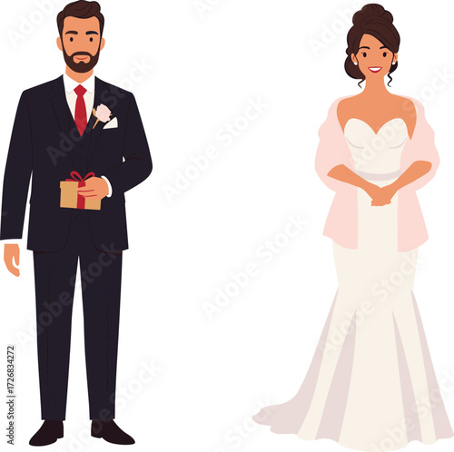 Cartoon Lifestyle Icons Featuring Bride and Groom in Wedding Attire, Joyful Mood, Romance Theme, and Marriage Celebration Scene