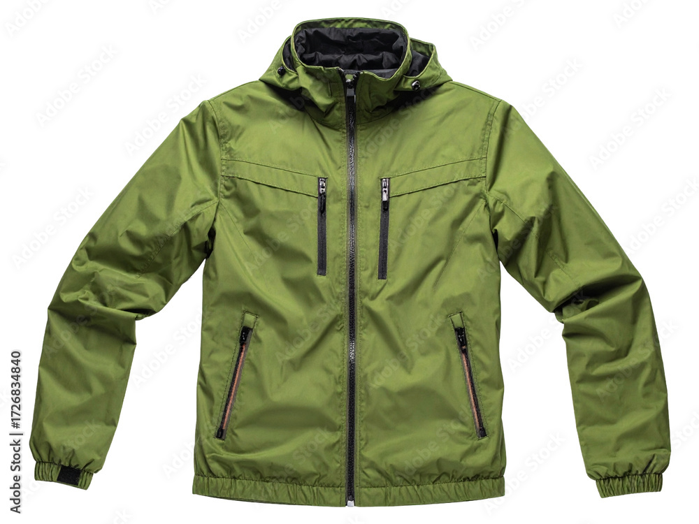 Naklejka premium Green waterproof outdoor zip jacket with hood, four zippered pockets, elastic cuffs, and lightweight material, ideal for hiking, camping, and cool weather.