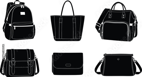 Backpacks, tote bags, handbags, satchels, clutches, crossbody shoulder bags, fashion accessories, modern travel bags, vector illustration