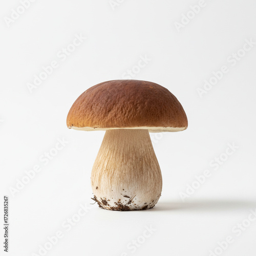 A conceptual and minimalist close-up of a single brown cap boletus mushroom, isolated in a white void wws3