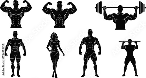 Bodybuilding athlete silhouettes, muscular man and woman flexing poses, weightlifting fitness icons, strong gym physique artwork, vector illustration
