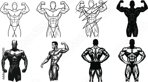 Bodybuilder flexing poses, muscular male physique, fitness athlete silhouettes, strong bodybuilding man artwork, gym strength training, vector illustration