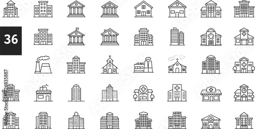 Building icons set with hospital, factory, house, church, bank, school, apartment, office, and city architecture symbols, vector illustration