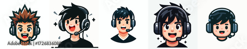 Male face avatar wearing gaming headset, medium skin, enthusiastic expression