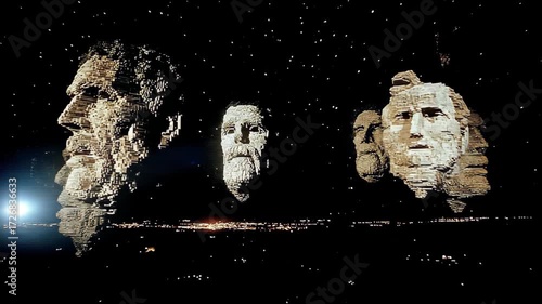 Digital faces of men formed by voxels rotate and shift, simulating a low fidelity virtual reality or abstract data representation footage.