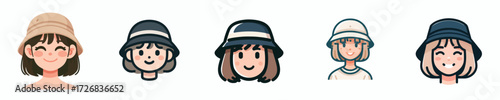 Avatar face of short haired woman wearing bucket hat, light skin, happy expression