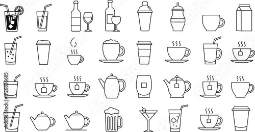 Coffee tea wine beer cocktail icons set, juice soda milk bar cafe beverage outline collection, vector illustration