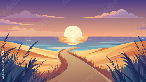 Serene coastal road at sunset with ocean and dunes
