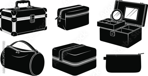 Cosmetic bag set, makeup storage cases, toiletry pouches, travel organizer boxes, beauty accessories containers, vector illustration