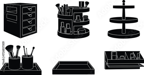 Cosmetic drawers, rotating makeup organizer, brush holders, tiered stands, vanity trays, storage compartments, beauty accessories, vector illustration