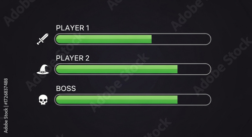 Game interface displaying health bars for player one player two and boss with icons on a dark background