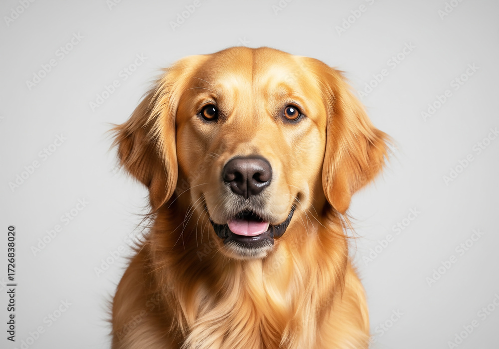 Obraz premium A stunning studio portrait of a purebred Golden Retriever looking directly at the camera with a happy expression, isolated on a clean gradient background