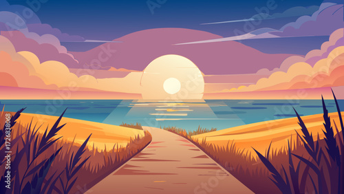 Serene sunset path leading to the ocean