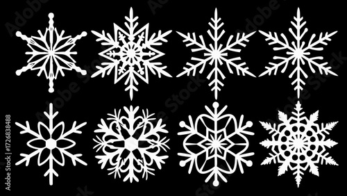 Collection of eight unique white snowflake designs on a black background