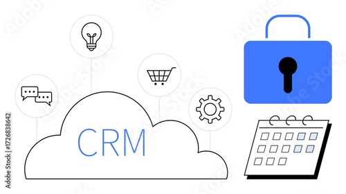 Cloud labeled CRM surrounded by chat bubbles, lightbulb, shopping cart, and gear icons. Blue lock and calendar emphasize data security, collaboration, and organization. Ideal for business