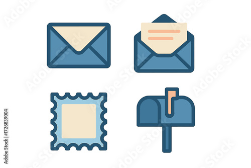 Illustration of postal items including envelopes, stamps, and a mailbox showing communication tools in a simple design