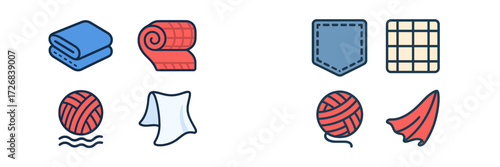 Colorful collection of textile icons showing various materials and patterns for crafting or home decor projects