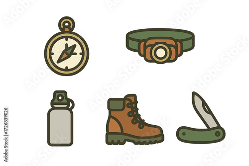 Essential camping gear including a compass, flashlight, water bottle, hiking boots, and a multi-tool in a simple design style