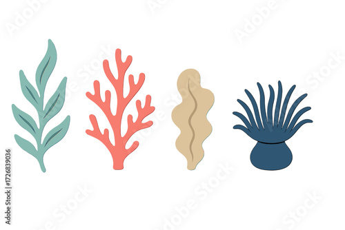 Colorful collection of decorative sea plants on a white background showcasing simple ocean-inspired design elements