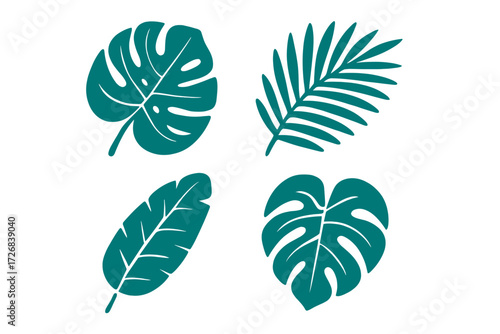 Collection of tropical leaves in various shapes and patterns showcasing vibrant greens and distinct designs