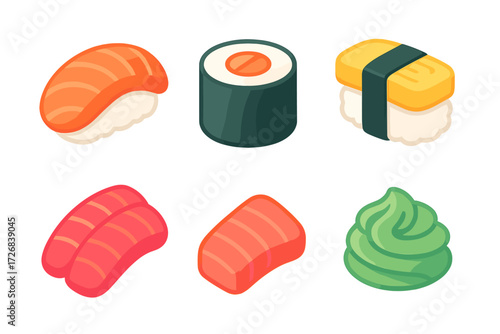 Colorful sushi varieties displayed with details of different types and flavors at a sushi restaurant setting