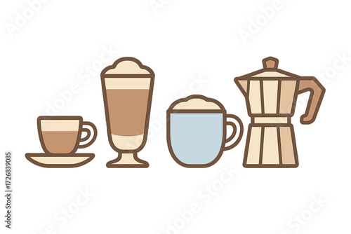 Various coffee drinks and equipment displayed in a simple and playful illustration style
