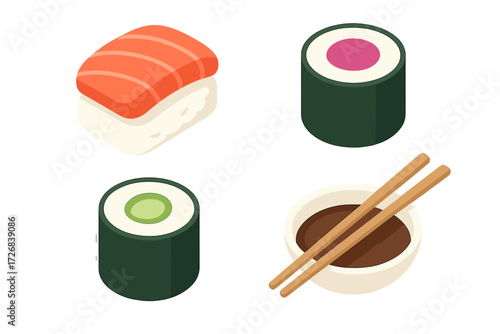 Colorful sushi selection with salmon nigiri, rolls, chopsticks, and dipping sauce on a clean background