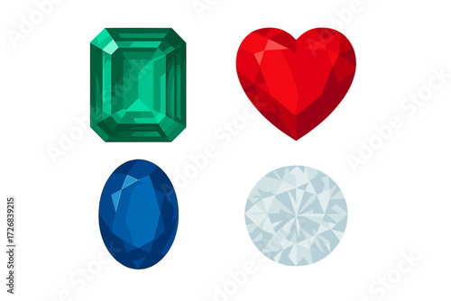 Various gemstone shapes and colors displayed on a white background illustrating nature's beauty and craftsmanship