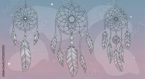 Illustration showing three dreamcatchers with feathers and beads hanging against a colorful sky backdrop