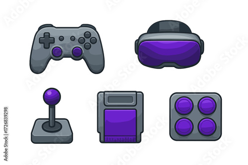 Gaming devices featuring a controller, VR headset, joystick, cartridge, and buttons in gray and purple colors