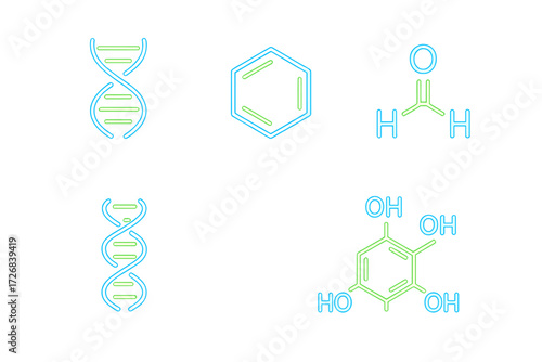 Different molecular structures including DNA, benzene, and functional groups on a white background