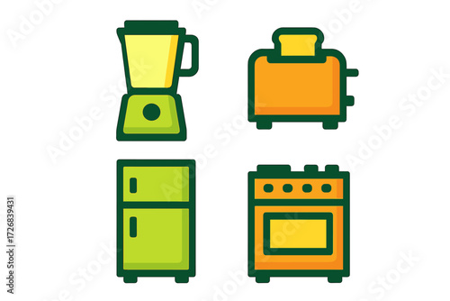Kitchen appliances in colorful design featuring a blender, toaster, refrigerator, and stove