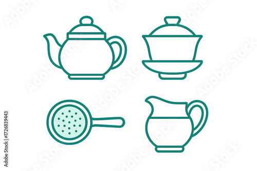 Elegant tea set and accessories featuring a teapot, sugar bowl, strainer, and cream pitcher on a simple background