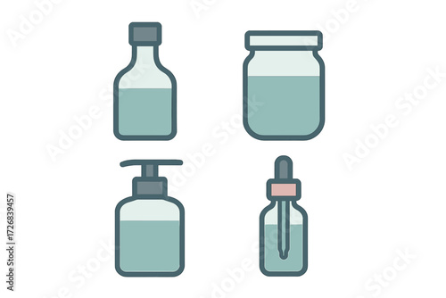 Different types of containers for liquids including bottles, jars, and droppers in a simple design layout