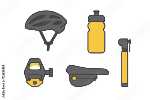 Essential cycling gear with a helmet, bottle, and bike accessories in yellow and gray colors for outdoor adventures