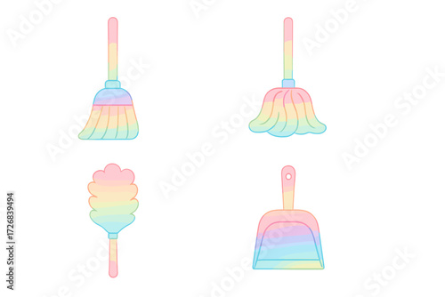 Colorful cleaning tools with pastel shades displayed for cheerful home organization