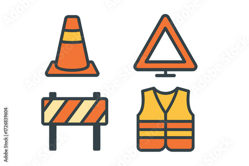 Traffic safety symbols including cones, signs, barriers, and vests for roadwork and construction zones