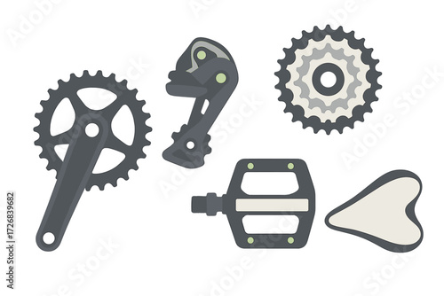 Bike parts display with crankset, derailleur, sprocket, pedal, and chain guide on a white background
