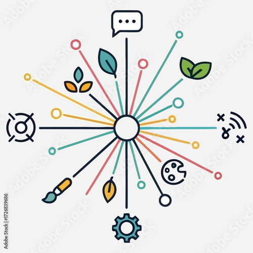 Colorful abstract illustration of interconnected concepts and ideas radiating outwards