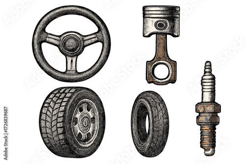 Collection of automotive parts including steering wheel, piston, tire, and spark plug