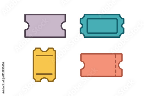 Different colorful tickets arranged in a grid shape showcasing various designs and styles for events and activities