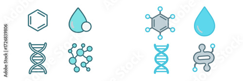 Collection of scientific icons representing chemistry, biology, and molecular structures in a modern design