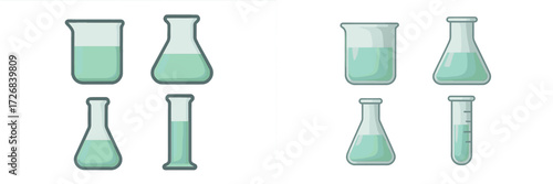 Assortment of laboratory glassware containing light green liquids on a clean surface