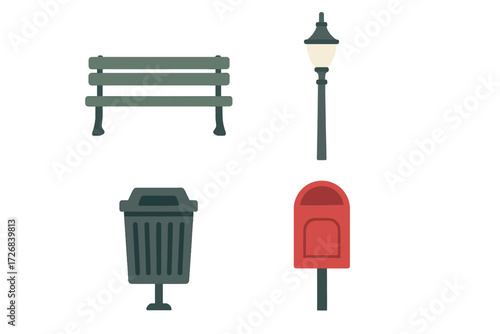 Public park scene with bench, street lamp, trash can, and mailbox in urban setting at daytime